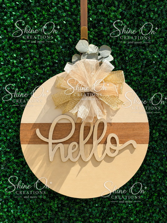 Neutral Woodgrain Hello Door Hanger